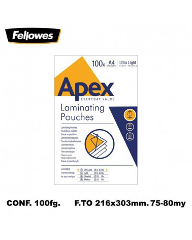 FELLOWES APEX POUCHES A4 ULTRALIGHT 100pz. PER PLASTIFICARE