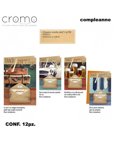 CROMO BIGLIETTI COMPLEANNO MASCHILE C/ROTELLA BC.9090 [12PZ]