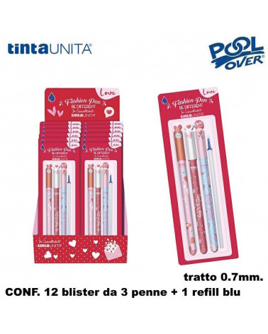 TINTA UNITA ESP 12 SET 3 PENNA SFERA CANCELLABILE LOVE+1 REFILL BLU