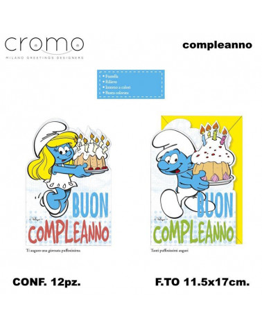 CROMO BIGLIETTI COMPLEANNO PUFFI SAGOMATI PU.10793 [12PZ]