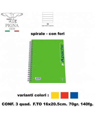 APACHE PIGNA QUADERNO SPIRALE CON FORI 1R-140FG. [3PZ]