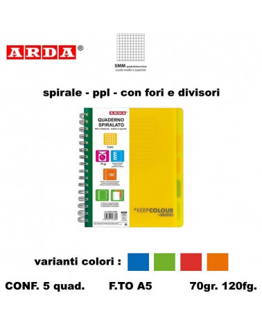 ARDA QUADERNO SPIRALE PPL FORI + DIVISORI 120fg. 5MM [5PZ]
