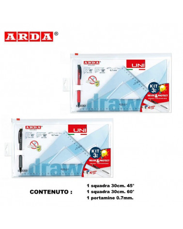 ARDA COPPIA SQUADRE UNI 30cm. "45"+"60"+PORTAMINE 0,7
