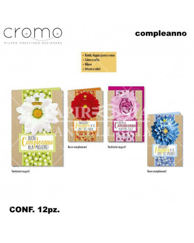 CROMO BIGLIETTI COMPLEANNO FIORI C/ROTELLA BC.6479 [12PZ]