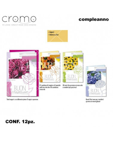 CROMO BIGLIETTI COMPLEANNO FIORI C/ARGENTO A CALDO BC.6765 [12PZ]