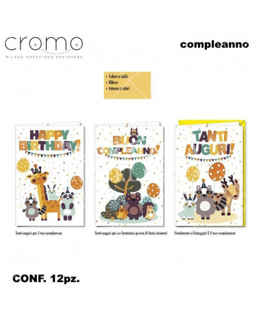 CROMO BIGLIETTI COMPLEANNO ANIMALETTI BAMBINI BC.6538 [12PZ]