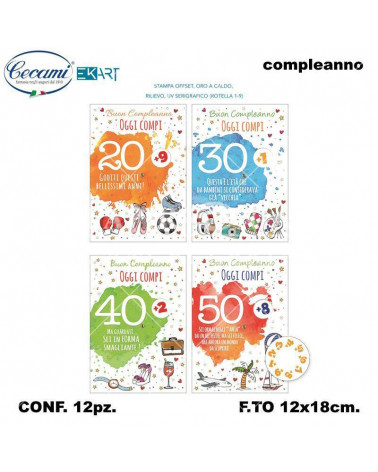 CECAMI BIGLIETTI BUON COMPLEANNO C/ROTELLA 20-30-40-50 00136BC [12PZ